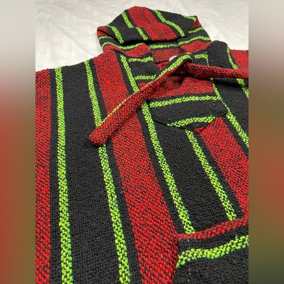 Vintage Mexican Baja Hoodie Pullover Striped Woven Sweater – Red Black Green - Picture 12 of 12